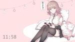  1girl artist_name bangs beige_background black_jacket black_legwear black_shirt blunt_bangs blush breasts collared_shirt commentary danganronpa_(series) danganronpa_2:_goodbye_despair diaper eyebrows_visible_through_hair feet_out_of_frame flipped_hair hair_ornament hairclip handheld_game_console highres holding holding_handheld_game_console hood jacket large_breasts long_sleeves looking_at_viewer medium_hair monomi_(danganronpa) nanami_chiaki neck_ribbon number off_shoulder oubori pillow pink_eyes ribbon shiny shiny_clothes shiny_legwear shirt sitting speech_bubble thighhighs timestamp translation_request two-tone_skirt white_shirt 