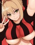  1girl ahoge bangs black_shirt blonde_hair blush braid breasts closed_mouth cocq_taichou crop_top fate/extra fate_(series) french_braid green_eyes hair_between_eyes hair_bun hair_intakes large_breasts long_hair looking_at_viewer nero_claudius_(fate) nero_claudius_(fate)_(all) outstretched_arm red_shirt self_shot shirt short_sleeves smile solo striped striped_shirt underboob v 