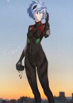  1girl arm_at_side ayanami_rei black_bodysuit blue_sky blurry blurry_background bodysuit breasts building cassette_player city cityscape clothes_writing commentary_request covered_navel earbuds earphones evangelion:_3.0_you_can_(not)_redo expressionless eyebrows_visible_through_hair eyelashes facing_viewer feet_out_of_frame floating_hair framed_breasts gradient gradient_sky hair_between_eyes hairpods hand_up highres holding kiyohisa legs_apart light_blue_hair long_legs looking_afar messy_hair neon_genesis_evangelion number orange_sky outdoors parted_lips pilot_suit plugsuit rebuild_of_evangelion red_eyes shaded_face shiny shiny_hair short_hair skin_tight skinny sky small_breasts solo sparks standing sunlight sunset very_short_hair 