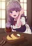  :d absurdres adjusting_hair aikatsu! aikatsu!_(series) alternate_costume apron bangs black_dress blunt_bangs blurry blurry_background butter_knife coffee coffee_pot commentary_request cutting_board dress enmaided eyebrows_visible_through_hair food fork frilled_apron frills highres hikami_sumire holding holding_pot huge_filesize ice_cream indoors kaoryu-kun knife leaning_forward looking_at_viewer maid maid_apron maid_headdress open_mouth pancake pot puffy_short_sleeves puffy_sleeves purple_eyes purple_hair restaurant shadow short_sleeves smile upper_body waist_apron white_apron window wooden_table 