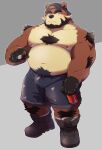  2021 absurd_res anthro belly bottomwear brown_body brown_fur clothing fur hi_res humanoid_hands kemono launcher_r male mammal moobs navel nipples overweight overweight_male pubes shorts simple_background solo ursid 