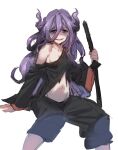  1girl black_pants bow_(bhp) copyright_request hair_between_eyes hair_horns holding holding_sword holding_weapon invisible_chair katana long_hair long_sleeves looking_at_viewer navel pants planted_sword planted_weapon purple_hair red_eyes shaded_face simple_background single_bare_shoulder sitting smile solo sword weapon white_background 