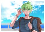  1boy amami_rantarou backpack bag bangs border closed_mouth cloud collarbone commentary danganronpa_(series) danganronpa_v3:_killing_harmony day donutous green_eyes green_hair hand_up jewelry looking_at_viewer male_focus necklace outdoors shirt short_hair short_sleeves sky smile solo striped striped_shirt thumb_ring upper_body white_border 