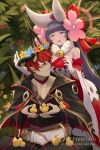  1boy 1girl :d animal artist_name bangs bare_shoulders bell belt bird black_hair black_jacket blue_flower breasts brown_flower character_request closed_mouth commentary dragalia_lost dress english_commentary eyebrows_visible_through_hair flower flower_wreath fur_collar gloves head_wreath headgear hentaki highres holding holding_animal jacket jingle_bell long_hair medium_breasts open_mouth pink_eyes pink_flower red_eyes red_hair scar_on_mouth sitting smile standing very_long_hair watermark web_address white_belt white_dress white_gloves yellow_flower 