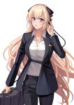  1girl alternate_costume black_pants black_suit blonde_hair collared_shirt english_commentary formal g3_(girls_frontline) girls_frontline hair_ornament highres holding holding_suitcase long_hair long_sleeves pant_suit pants purple_eyes shirt silayloe solo suit suitcase very_long_hair white_shirt 