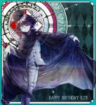  1boy argyle argyle_background bangs black_cape black_hair black_headwear cape cape_lift checkered closed_mouth commentary_request danganronpa_(series) danganronpa_v3:_killing_harmony dated double-breasted feet_out_of_frame from_side goto_(sep) grey_jacket hair_between_eyes hand_up happy_birthday hat highres jacket looking_at_viewer male_focus multicolored multicolored_background one_eye_closed ouma_kokichi outside_border pants purple_hair shiny shiny_hair smile solo standing white_pants 