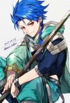  1boy 2f_sq absurdres blue_hair braid closed_mouth cu_chulainn_(fate)_(all) dated earrings fate/grand_order fate/grand_order_arcade fate_(series) grey_background highres hood hood_down jewelry looking_at_viewer male_focus medium_hair red_eyes setanta_(fate) simple_background single_braid sitting smile solo twitter_username 