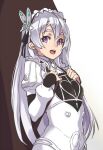  1girl :d backpack bag breasts chaika_trabant dress grey_hair hair_between_eyes hands_up hitsugi_no_chaika houtengeki juliet_sleeves long_hair long_sleeves looking_at_viewer open_mouth puffy_sleeves purple_eyes simple_background small_breasts smile solo upper_teeth white_background white_dress 