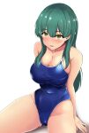 1girl arm_support arms_behind_back ass_visible_through_thighs bangs blue_swimsuit blush breasts cameltoe cleavage collarbone competition_school_swimsuit covered_navel cowboy_shot eyebrows_visible_through_hair green_eyes groin hair_between_eyes highleg highleg_swimsuit invisible_chair large_breasts long_hair looking_at_viewer one-piece_swimsuit original parted_lips school_swimsuit shiny shiny_clothes shiny_hair sideboob sidelocks simple_background sitting skindentation slender_waist smile solo spread_legs straight_hair swimsuit taut_clothes taut_swimsuit terakoya thick_thighs thighs white_background wide_hips yellow_eyes 