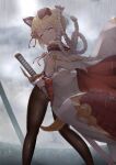  1girl animal_ears blonde_hair breasts closed_mouth erune eyebrows_visible_through_hair from_behind granblue_fantasy highres holding holding_sword holding_weapon katana kimblee long_sleeves looking_at_viewer looking_back pantyhose rain short_hair small_breasts solo standing sword vajra_(granblue_fantasy) weapon wide_sleeves yellow_eyes 