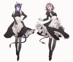  112423a 2girls absurdres alternate_costume apron arknights black_dress black_footwear blue_hair blush breasts ch&#039;en_(arknights) closed_mouth demon_horns demon_tail dragon_horns dress enmaided expressionless eyebrows_visible_through_hair frilled_dress frills full_body hair_between_eyes hand_on_hip highres horns long_sleeves looking_at_viewer maid maid_apron maid_headdress medium_breasts medium_hair multicolored_hair multiple_girls open_mouth orange_eyes puffy_long_sleeves puffy_sleeves red_eyes red_hair shoes short_hair silver_hair simple_background sketch smile streaked_hair tail twintails two-tone_hair w_(arknights) white_background 