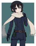  1girl belt black_hair blue_eyes cowboy_shot gloves hair_between_eyes himawari_(sunflower7373) kino_(kino_no_tabi) kino_no_tabi rectangle scarf short_hair solo 