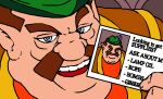  archived_source blue_eyes brown_eyebrows brown_hair business_card derivative_work drawfag english_text facial_hair fat green_headwear link:_the_faces_of_evil meme morshu mustache parody soredemo_tsuma_o_aishiteru takabe_torao the_legend_of_zelda_(cd-i) ugly_man 