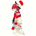  1boy 3kuma armband ascot bandaged_arm bandages closed_eyes coat colored_skin cross_scar flag from_side fukase hat headphones male_focus official_art pleated_skirt red_eyes red_hair red_neckwear red_skirt scar_on_arm scar_on_mouth skirt upper_body vocaloid white_background white_coat white_skin 