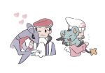  1boy 1girl beanie blush_stickers closed_eyes closed_mouth dawn_(pokemon) eyelashes gabite gen_4_pokemon hand_up hat heart holding holding_pokemon jacket long_sleeves lucas_(pokemon) nata_(mmgt_nn) one_eye_closed pink_coat pokemon pokemon_(creature) pokemon_(game) pokemon_dppt pokemon_platinum red_headwear scarf shinx smile upper_body white_headwear white_scarf 