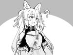  .live 1girl ? animal_ears blush breasts fang hair_between_eyes hair_ornament highres long_hair looking_to_the_side monochrome open_mouth ouka_(yama) rurun_rururica sash simple_background small_breasts solo virtual_youtuber wolf_ears 