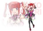  1girl breasts character_name cleavage clenched_hand detached_sleeves hair_tubes heart_hair high_heels highres idol kouno_sachiko koutari_maiko large_breasts official_art parted_lips purple_eyes red_hair sidelocks skin_tight smile solo super_robot_wars super_robot_wars_dd twintails v zoom_layer 
