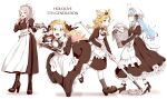  4girls absurdres ahoge akubi_darake alternate_costume animal_ears apron blonde_hair blue_hair braid bun_cover cake double_bun dress enmaided food fox_ears grey_hair high_heels highres hololive laundry laundry_basket lion_ears long_dress long_hair maid maid_apron maid_headdress momosuzu_nene mop multiple_girls omaru_polka petticoat shishiro_botan tea_set tray tripping virtual_youtuber white_background yukihana_lamy 