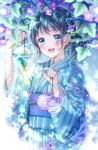  1girl :d black_hair blue_eyes blue_kimono earrings flower happy highres japanese_clothes jewelry kimono kousagi lace-trimmed_sleeves lace_trim morning_glory open_mouth original smile solo sparkle visible_ears wide_sleeves wind_chime yukata 