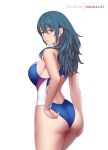  1girl ass back_cutout bangs bare_arms bare_shoulders blue_eyes blue_hair blue_swimsuit breasts byleth_(fire_emblem) byleth_(fire_emblem)_(female) closed_mouth clothing_cutout competition_swimsuit cowboy_shot dakkalot fire_emblem fire_emblem:_three_houses from_behind hair_between_eyes large_breasts looking_at_viewer looking_back one-piece_swimsuit sideboob smile solo swimsuit 