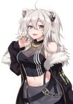 1girl :d absurdres ahoge animal_ear_fluff animal_ears bare_shoulders black_jacket black_nails black_shirt breasts cat_ears claw_pose cleavage commentary_request ear_piercing fangs fur-trimmed_jacket fur_trim grey_eyes grey_skirt hand_up highres hololive ivan_wang jacket lion_ears long_hair long_sleeves medium_breasts midriff nail_polish navel off_shoulder open_clothes open_jacket open_mouth piercing puffy_long_sleeves puffy_sleeves shirt shishiro_botan silver_hair simple_background skirt sleeveless sleeveless_shirt sleeves_past_wrists smile solo virtual_youtuber white_background 