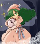  artist_request bangs blue_background capelet cowboy_shot dress frilled_sleeves frills green_eyes green_hair hat holding kazami_yuuka kazami_yuuka_(pc-98) long_dress long_hair long_sleeves looking_at_viewer nightcap one_eye_covered pajamas parted_bangs pink_dress pink_headwear pom_pom_(clothes) red_neckwear simple_background star_(symbol) tears touhou very_long_hair 