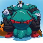  1:1 2020 anthro armor balls belly big_balls big_belly big_bulge big_muscles big_penis black_hair bobert bulge canid canine clothing cosplay footwear fox genitals gradient_background grin hair handkerchief hi_res huge_balls huge_bulge huge_muscles huge_penis hybrid hyper hyper_balls hyper_belly hyper_bulge hyper_genitalia hyper_muscles hyper_penis kaiju kerchief lagomorph leporid looking_at_viewer male mammal musclegut muscular obese overweight penis rabbit sebastian_badgermancer shoes simple_background smile solo standing 