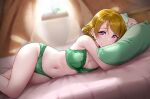  1girl bangs bare_arms bed bed_frame bedroom blush bra breasts brown_hair cleavage curtains eyebrows_visible_through_hair floral_print green_bra green_panties highres indoors koizumi_hanayo looking_at_viewer love_live! love_live!_school_idol_project lying medium_breasts navel on_bed on_side panties pillow pillow_hug purple_eyes short_hair smile solo sunlight underwear underwear_only window yopparai_oni 