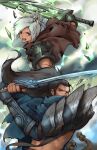  1boy 1girl absurdres armor black_hair brown_eyes gauntlets gloves grey_eyes highres huge_weapon katana lcw961904412 league_of_legends open_mouth riven_(league_of_legends) runes shoulder_pads sword tied_hair weapon white_hair yasuo_(league_of_legends) 