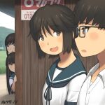  1boy 3girls :o ad artist_name bangs blue_sailor_collar blunt_bangs blush bob_cut brown_eyes bus_stop commentary_request dress_shirt fubuki_(kantai_collection) glasses grass hair_between_eyes hatsuyuki_(kantai_collection) hime_cut hotaryuso kantai_collection long_hair looking_at_another miyuki_(kantai_collection) multiple_girls open_mouth peeking_out peeping raised_eyebrows sailor_collar school_uniform serafuku shelter shirt short_hair short_sleeves side-by-side sidelocks sign smile sneaky surprised swept_bangs translated undershirt upper_body walking white_shirt 