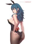  1girl animal_ears areola_slip areolae ass bangs bare_arms bare_shoulders black_hairband black_leotard blue_eyes blue_hair bow breasts brown_legwear bunny_ears bunny_tail byleth_(fire_emblem) byleth_(fire_emblem)_(female) closed_mouth cowboy_shot dakkalot fake_animal_ears fake_tail fire_emblem fire_emblem:_three_houses from_behind hair_between_eyes hairband large_breasts leotard looking_at_viewer looking_back pantyhose playboy_bunny red_bow smile solo strapless strapless_leotard tail 
