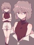  1girl bangs bare_shoulders breasts brown_background brown_hair closed_mouth commentary_request crossed_arms crossed_legs eyebrows_visible_through_hair feet_out_of_frame haibara_ai hair_between_eyes highres looking_at_viewer meitantei_conan misumi_(71_fq) multiple_views shiny shiny_hair shirt short_hair shorts simple_background sleeveless sleeveless_shirt small_breasts standing watson_cross white_shorts 