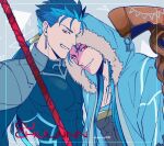  2boys abs armor beads blue_hair bodysuit capelet character_name closed_mouth cu_chulainn_(fate)_(all) cu_chulainn_(fate/grand_order) earrings fate/grand_order fate/stay_night fate_(series) fur-trimmed_hood fur_trim gae_bolg grin hair_beads hair_ornament hood hood_up hooded_capelet jewelry lancer long_hair looking_at_viewer male_focus mineco000 multiple_boys multiple_persona muscular pauldrons pectorals ponytail red_eyes shoulder_armor skin_tight smile spiked_hair staff twitter_username type-moon 