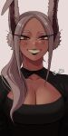  1girl animal_ears artist_name black_lipstick black_shirt blush boku_no_hero_academia breasts bunny_ears cleavage cleavage_cutout clothing_cutout collarbone dark_skin dark_skinned_female eyelashes gothic grin gud0c highres lipstick long_hair looking_at_viewer makeup mirko red_eyes shirt smile solo upper_body 