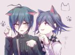  2boys ahoge alternate_hair_color animal_ears bangs black_jacket blue_hair cat_ears checkered checkered_neckwear checkered_scarf commentary_request danganronpa_(series) danganronpa_v3:_killing_harmony extra_ears goto_(sep) green_hair hair_between_eyes jacket kemonomimi_mode long_sleeves looking_at_another male_focus multiple_boys open_mouth ouma_kokichi paw_pose paw_print_background purple_eyes purple_hair saihara_shuuichi scarf short_hair smile striped striped_jacket upper_body white_jacket 