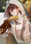  1boy abs aldreichd arm_tattoo arm_up bangs black_hair brown_hair cloak eyebrows_visible_through_hair full_body_tattoo genshin_impact hair_between_eyes hand_on_own_chin highres hood hood_up hooded_cloak jewelry long_hair male_focus multicolored_hair nipples open_cloak open_clothes open_mouth pectorals ponytail sleeveless solo tattoo toned toned_male yellow_eyes zhongli_(genshin_impact) 