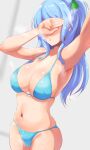  1girl bang_dream! bikini blue_bikini blue_hair blurry blurry_background blush bow breasts censored cleavage covered_eyes cowboy_shot green_bow hair_bow heavy_breathing highres identity_censor large_breasts long_hair matsubara_kanon navel one_side_up open_mouth owafu self_shot sidelocks solo standing steaming_body stomach sweat swimsuit 