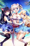  3girls :d animal_ear_fluff animal_ears apron bag bangs bare_shoulders bear_ears beret black_hair black_legwear black_ribbon blonde_hair blue_apron blue_bow blue_eyes blue_footwear blue_headwear blue_shirt blue_skirt blue_vest blush bow breasts brown_footwear cat_ears cat_girl cat_tail cleavage closed_mouth collarbone commentary_request day dress eyebrows_visible_through_hair fang frilled_apron frilled_legwear frills hair_between_eyes hair_bow hair_ornament hair_ribbon hairclip hat highres holding_hands interlocked_fingers large_breasts loafers long_hair multiple_girls open_mouth original outdoors parted_lips pleated_skirt puffy_short_sleeves puffy_sleeves purple_apron purple_eyes red_dress red_ribbon ribbon sasai_saji shirt shoes short_sleeves shoulder_bag silver_hair skirt sleeveless sleeveless_shirt smile socks star_(symbol) star_hair_ornament tail thighhighs twintails very_long_hair vest waist_apron white_apron white_bow white_legwear white_shirt white_skirt wrist_cuffs x_hair_ornament 