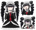  1girl bangs black_hair bonnet card celestia_ludenberg commentary_request danganronpa:_trigger_happy_havoc danganronpa_(series) dress drill_hair evil_smile frills furukawa_(yomawari) gothic_lolita grin hairband highres jewelry lolita_fashion long_hair long_sleeves looking_at_viewer multiple_views necktie open_mouth pale_skin playing_card red_eyes red_neckwear shaded_face simple_background smile teeth twin_drills twintails white_background 
