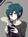  1boy :o ahoge bangs black_hair black_sweater brown_eyes collarbone commentary_request cup danganronpa_(series) danganronpa_v3:_killing_harmony goto_(sep) grey_background hair_between_eyes highres holding holding_cup long_sleeves male_focus mug pale_skin saihara_shuuichi short_hair simple_background solo steam sweater upper_body yellow_eyes 