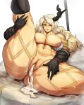  1girl abs after_sex after_vaginal amazon_(dragon&#039;s_crown) areolae armlet armor bikini_armor biting blonde_hair breasts circlet dragon&#039;s_crown feathers gloves hair_feathers highres jujunaught lip_biting long_hair lying muscular muscular_female navel on_back pussy seductive_smile smile solo stomach sweat tattoo thick_thighs thighs uncensored wavy_hair 