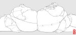  5_fingers anthro beard belly belly_squish big_belly bottomwear clothing duo facial_hair fingers hair hand_on_stomach hi_res hyper hyper_belly long_hair male mammal monochrome morbidly_obese morbidly_obese_anthro morbidly_obese_male obese obese_anthro obese_male overalls overweight overweight_anthro overweight_male ponytail shirt shorts simple_background squish t-shirt thick_tail tkc2021 topwear ursid 