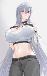  1girl absurdres armlet azur_lane bandaged_arm bandages bangs bare_shoulders belt black_belt black_gloves blush breasts cleavage collar commentary_request covered_nipples crop_top eyebrows_visible_through_hair gloves grey_background grey_pants hair_between_eyes hands_on_own_chest highres large_breasts lom_(lom_lom_8) long_hair navel official_alternate_costume open_mouth pants red_eyes scar silver_hair sovetskaya_rossiya_(azur_lane) sovetskaya_rossiya_(the_lackadaisical_lookout)_(azur_lane) stomach very_long_hair 