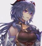  1girl 2021 ahoge artist_name bare_shoulders bell bell_collar blue_hair breasts collar dated detached_sleeves ganyu_(genshin_impact) genshin_impact gloves hair_between_eyes horns kaejunni lips medium_breasts purple_eyes sideboob signature solo upper_body watermark 