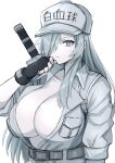  1girl bangs baseball_cap belt belt_buckle black_gloves breasts bright_pupils buckle cleavage closed_mouth collarbone collared_shirt colored_skin commentary_request fingerless_gloves gloves grey_eyes hair_over_one_eye hat hataraku_saibou hataraku_saibou_black highres imuzi large_breasts long_hair looking_at_viewer open_clothes open_shirt pale_skin shirt silver_hair simple_background solo sword u-1196 upper_body weapon white_background white_blood_cell_(hataraku_saibou) white_headwear white_pupils white_shirt white_skin 