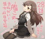  1girl arashio_(kantai_collection) bangs black_dress black_legwear brown_eyes brown_hair dress eyebrows_visible_through_hair frilled_dress frills grey_background kantai_collection long_hair long_sleeves open_mouth pantyhose pinafore_dress remodel_(kantai_collection) shirt signature simple_background sitting solo tane_juu-gou white_shirt 