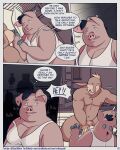  2021 4:5 abe_(mikrogoat) anthro basil_(mikrogoat) bed belly brown_body brown_fur clothing comic domestic_pig duo english_text fur furniture genitals hi_res humanoid_hands lagomorph leporid lying male mammal mikrogoat navel nipples overweight overweight_male penis pillow rabbit shirt suid suina sus_(pig) text topwear url 