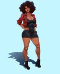  1girl absurdres afro ankle_boots big.boss.requiem big_hair black_dress black_footwear blue_background boots borrowed_character bracelet breasts brown_eyes brown_hair cleavage commentary commission covered_navel dark_skin dark_skinned_female dress facing_viewer full_body high_heel_boots high_heels highres jacket jewelry kaitlyn_bridges large_breasts leather leather_jacket lips open_clothes open_jacket original plunging_neckline red_jacket shadow short_dress sleeves_pushed_up solo spiked_bracelet spikes standing stiletto_heels thick_eyebrows thick_thighs thighs very_dark_skin 