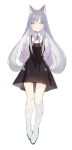 1girl animal_ears black_dress boots closed_mouth collared_shirt dress full_body grey_hair jacket knee_boots long_hair looking_at_viewer lpip neck_ribbon off_shoulder open_clothes open_jacket original pleated_dress purple_jacket purple_ribbon ribbon shirt simple_background sleeveless sleeveless_dress smile solo standing very_long_hair white_background white_footwear white_shirt yellow_eyes 