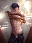  1boy abs belt black_hair blue_eyes blue_pants blurry_foreground calvin_klein cdash817 condom condom_in_mouth condom_wrapper crossed_arms denim earrings higashikata_josuke highres jewelry jojo_no_kimyou_na_bouken male_focus male_pubic_hair mouth_hold navel nipples pants pompadour pubic_hair solo_focus spread_legs standing stud_earrings toned undressing white_briefs 